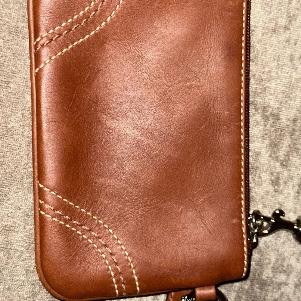 Coach Brown Leather Wristlet with Contrast Stitching